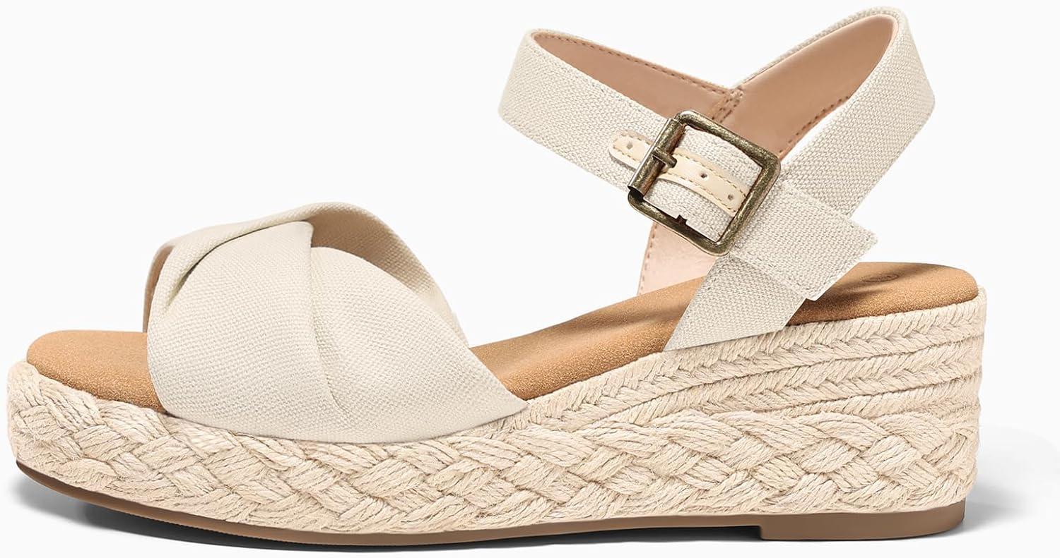 image:imageCoutgo Womens Platform Wedge Heels Sandals Espadrilles Open Toe Ankle Strap Twist Canvas Summer Beach ShoesBeige