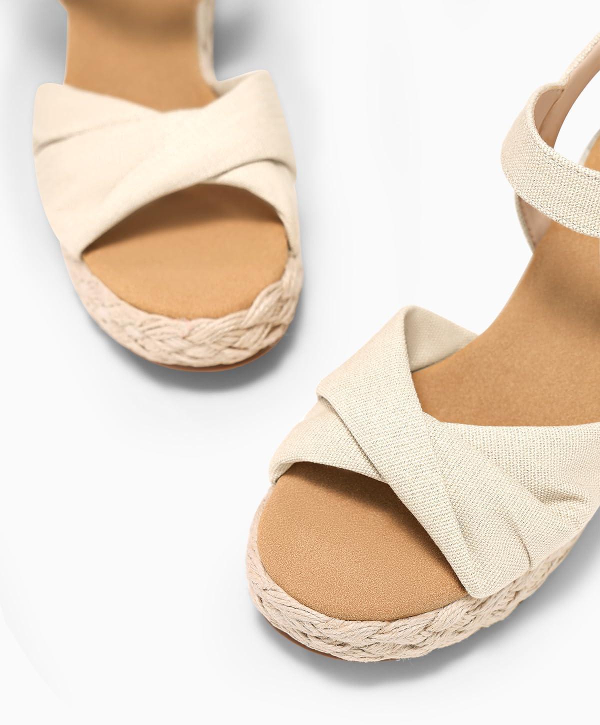 image:imageCoutgo Womens Platform Wedge Heels Sandals Espadrilles Open Toe Ankle Strap Twist Canvas Summer Beach ShoesBeige