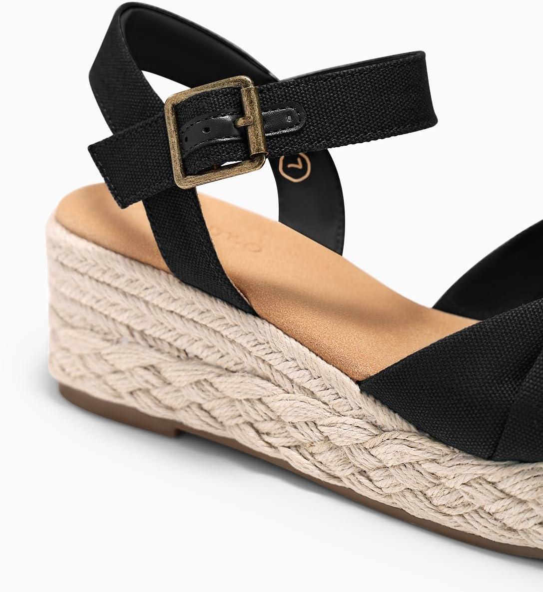 image:imageCoutgo Womens Platform Wedge Heels Sandals Espadrilles Open Toe Ankle Strap Twist Canvas Summer Beach ShoesBlack