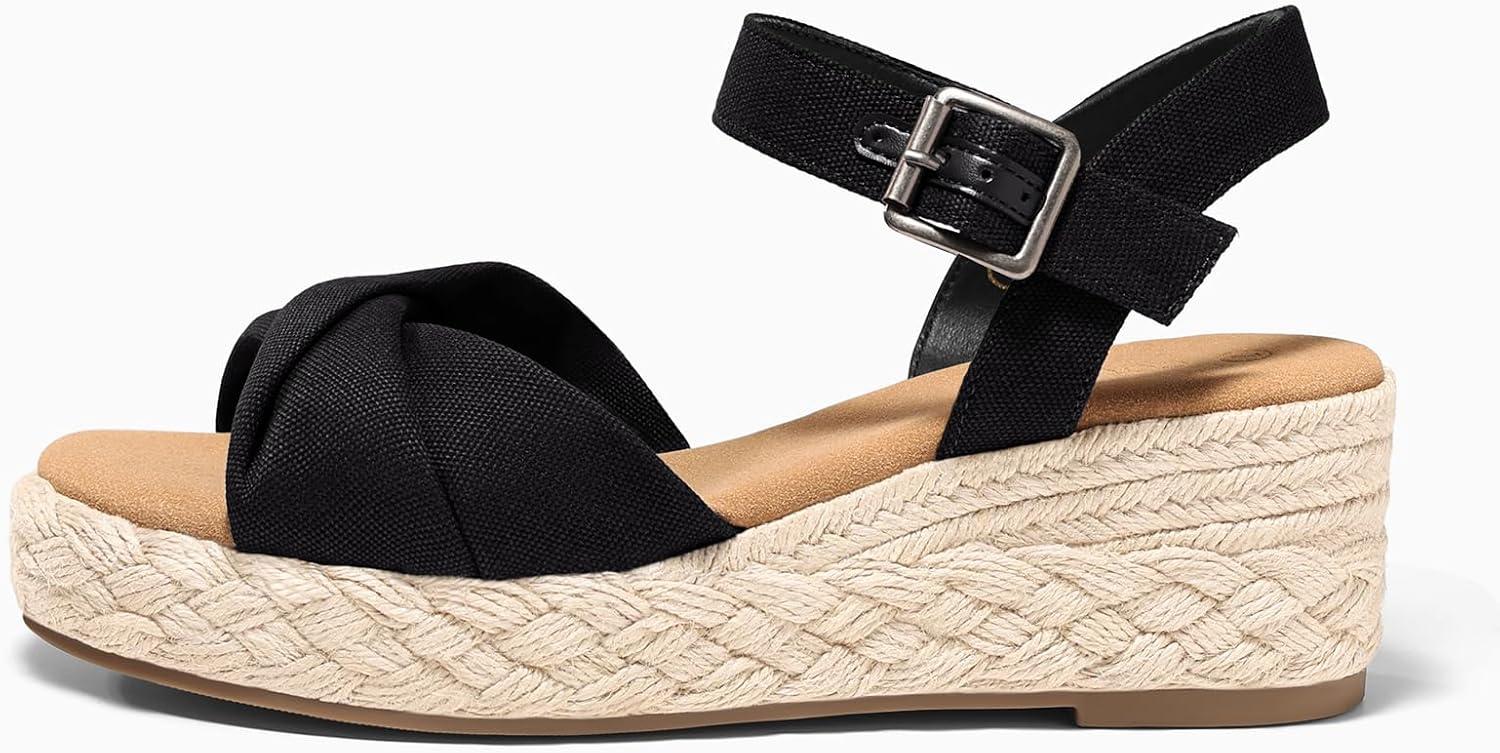 image:imageCoutgo Womens Platform Wedge Heels Sandals Espadrilles Open Toe Ankle Strap Twist Canvas Summer Beach ShoesBlack