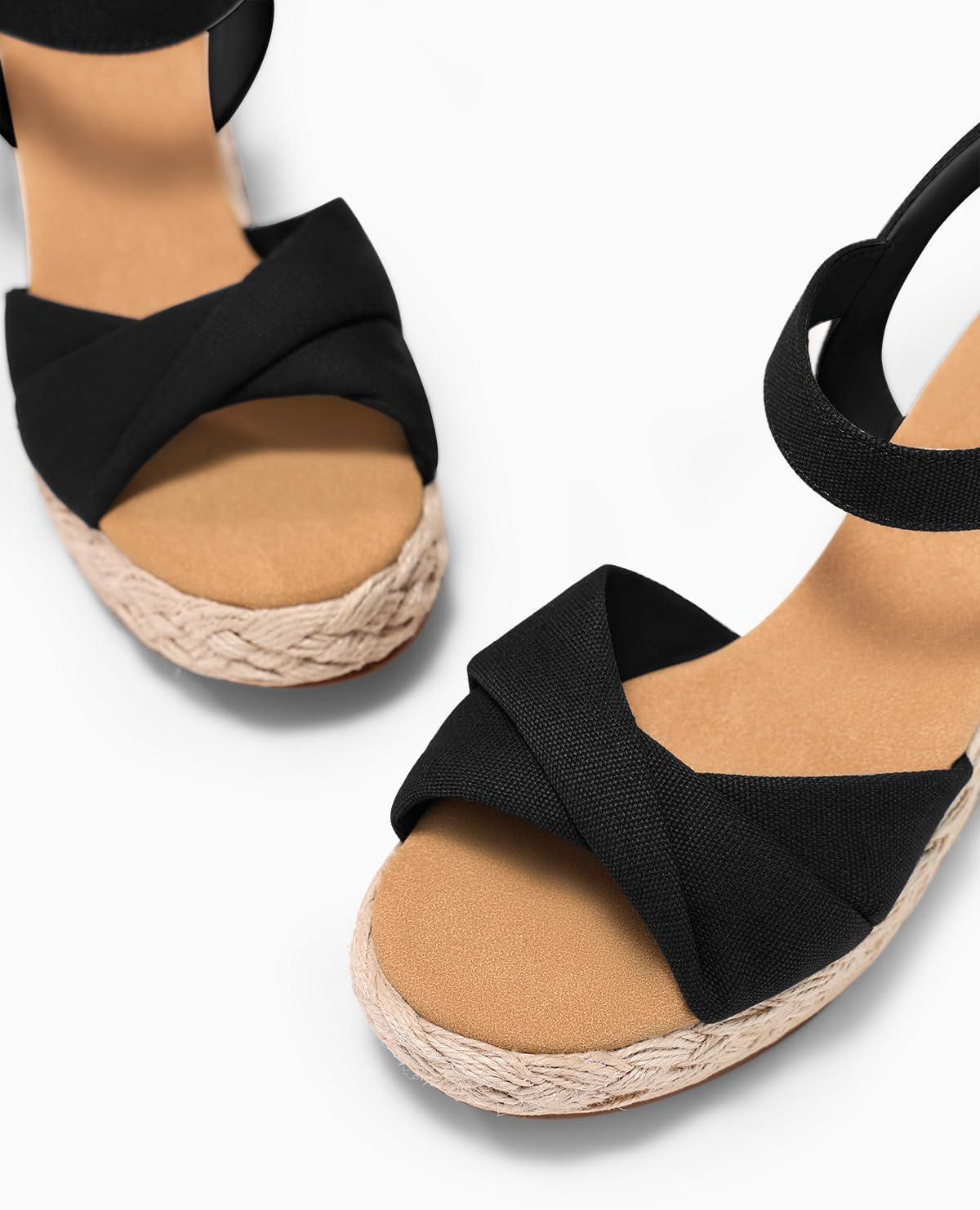 image:imageCoutgo Womens Platform Wedge Heels Sandals Espadrilles Open Toe Ankle Strap Twist Canvas Summer Beach ShoesBlack