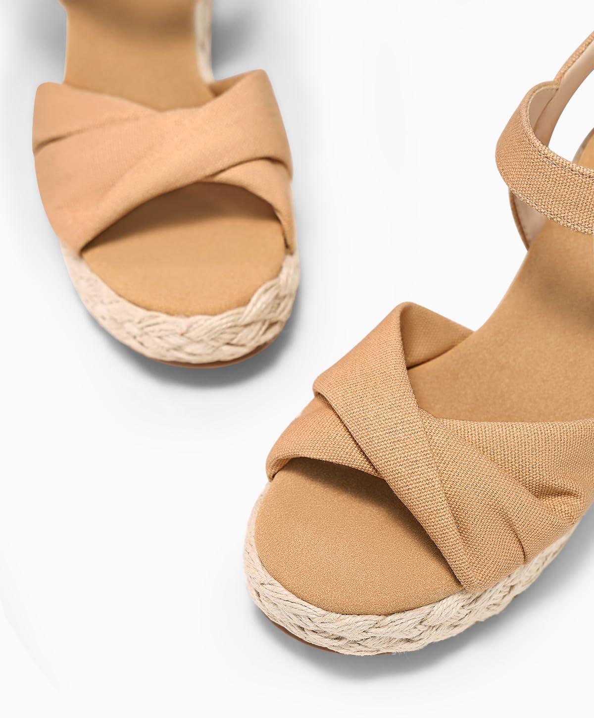 image:imageCoutgo Womens Platform Wedge Heels Sandals Espadrilles Open Toe Ankle Strap Twist Canvas Summer Beach ShoesLight Brown