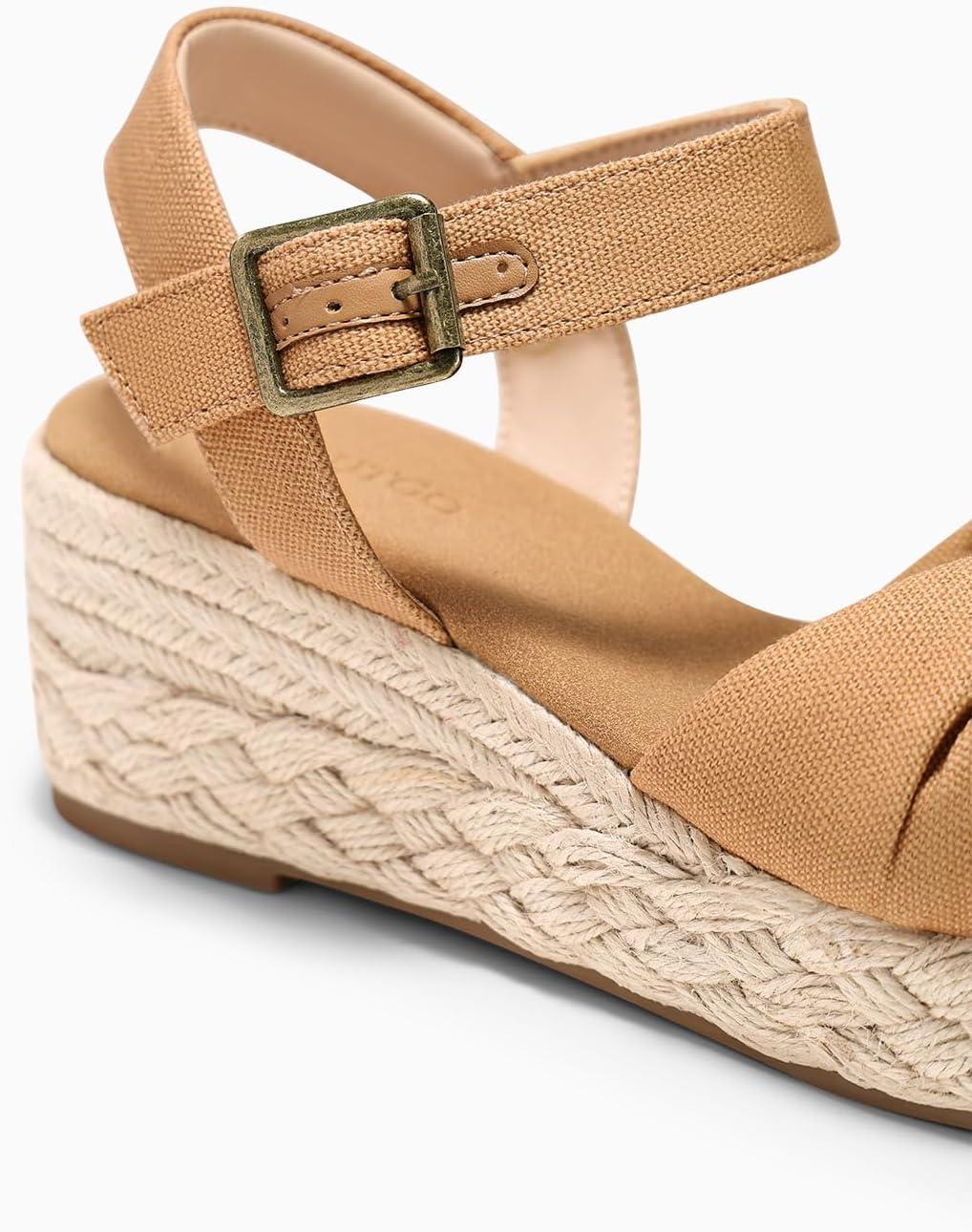 image:imageCoutgo Womens Platform Wedge Heels Sandals Espadrilles Open Toe Ankle Strap Twist Canvas Summer Beach ShoesLight Brown