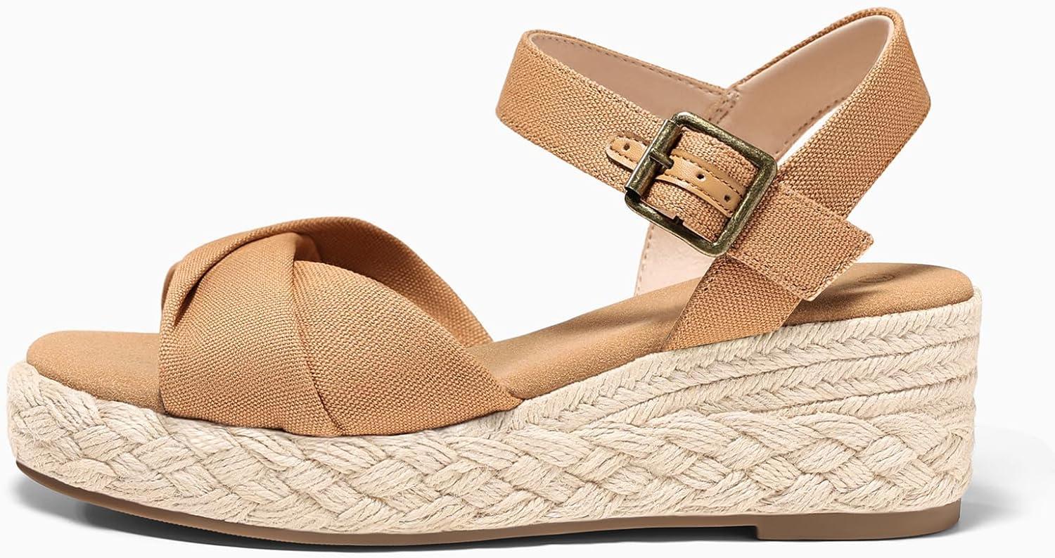 image:imageCoutgo Womens Platform Wedge Heels Sandals Espadrilles Open Toe Ankle Strap Twist Canvas Summer Beach ShoesLight Brown