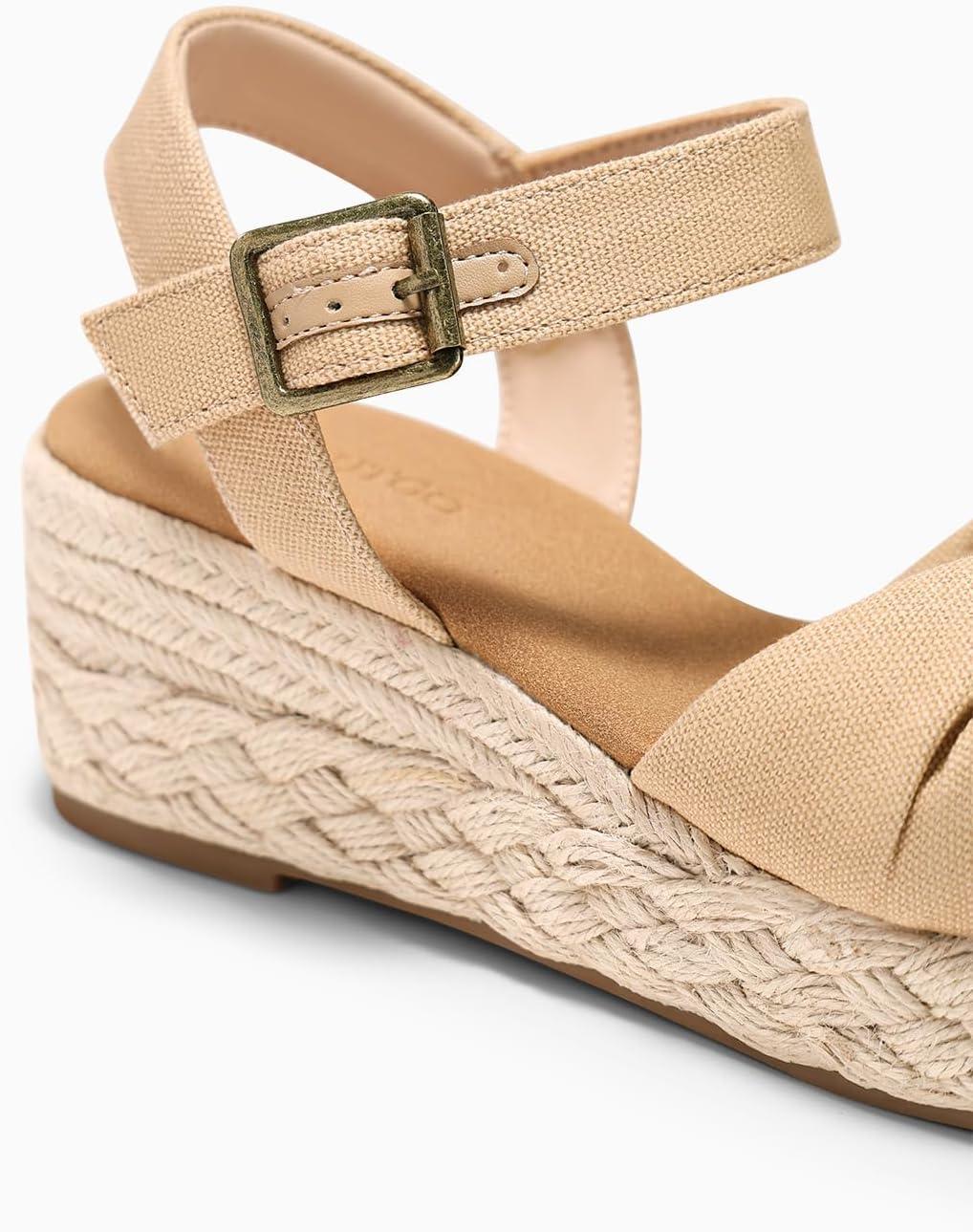 image:imageCoutgo Womens Platform Wedge Heels Sandals Espadrilles Open Toe Ankle Strap Twist Canvas Summer Beach ShoesLight Khaki