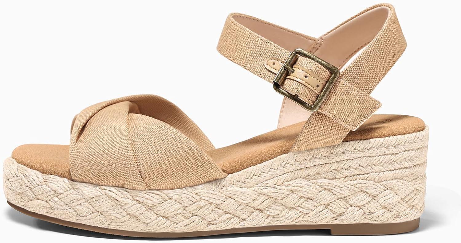 image:imageCoutgo Womens Platform Wedge Heels Sandals Espadrilles Open Toe Ankle Strap Twist Canvas Summer Beach ShoesLight Khaki
