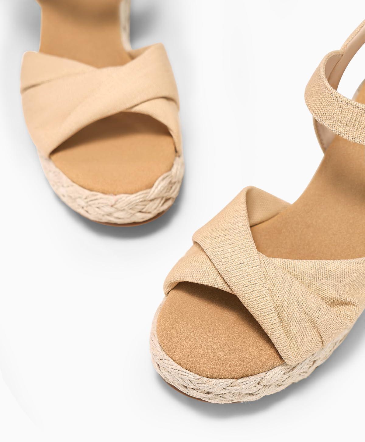 image:imageCoutgo Womens Platform Wedge Heels Sandals Espadrilles Open Toe Ankle Strap Twist Canvas Summer Beach ShoesLight Khaki