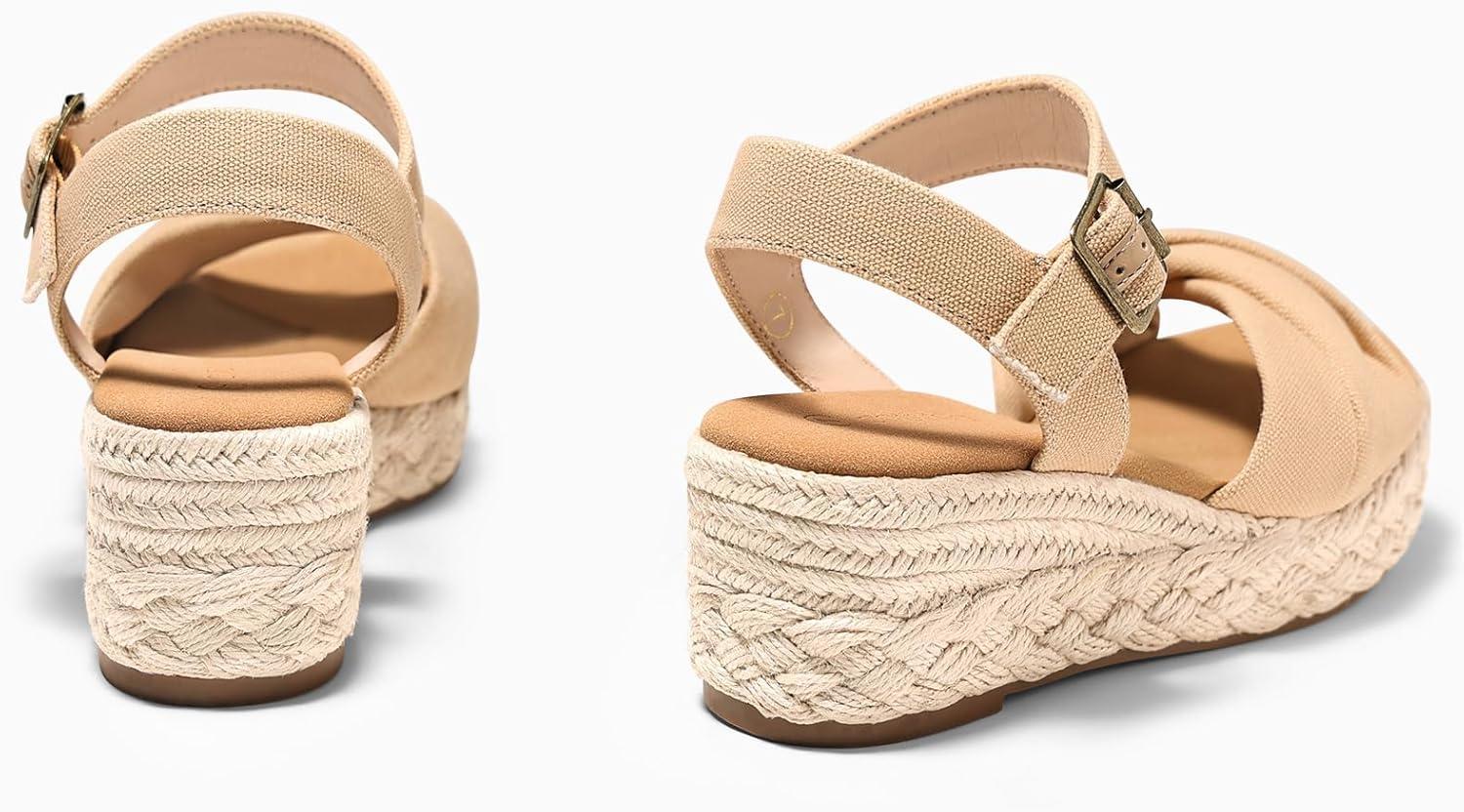 image:imageCoutgo Womens Platform Wedge Heels Sandals Espadrilles Open Toe Ankle Strap Twist Canvas Summer Beach ShoesLight Khaki