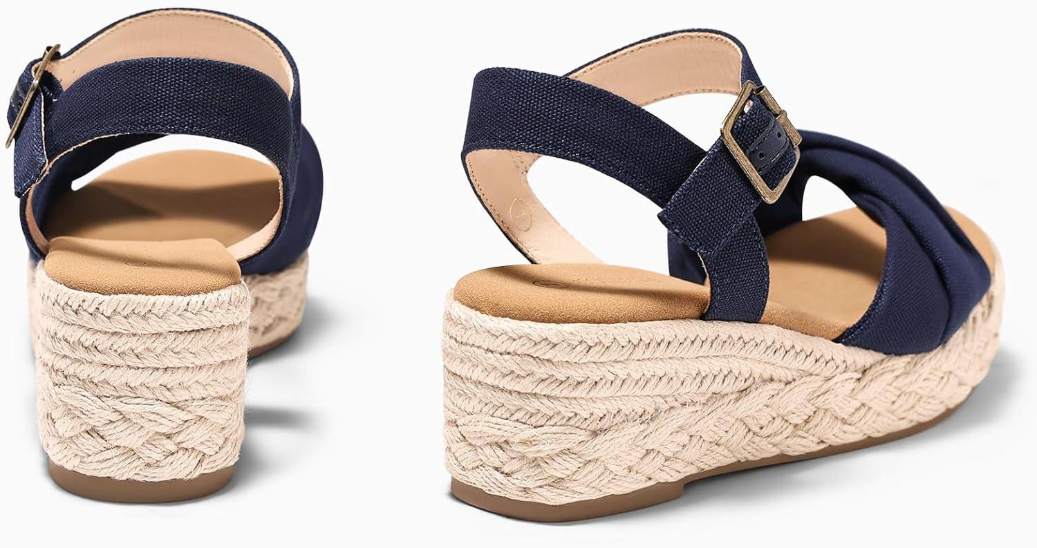 image:imageCoutgo Womens Platform Wedge Heels Sandals Espadrilles Open Toe Ankle Strap Twist Canvas Summer Beach ShoesNavy Blue