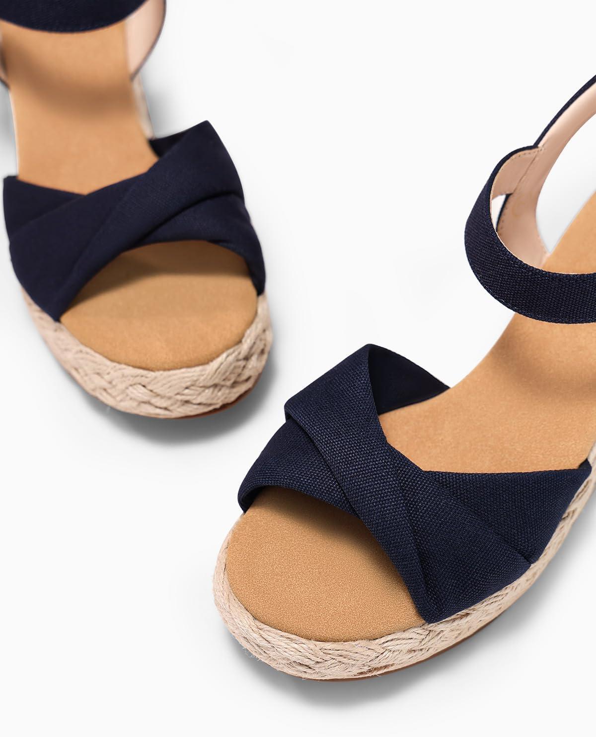 image:imageCoutgo Womens Platform Wedge Heels Sandals Espadrilles Open Toe Ankle Strap Twist Canvas Summer Beach ShoesNavy Blue