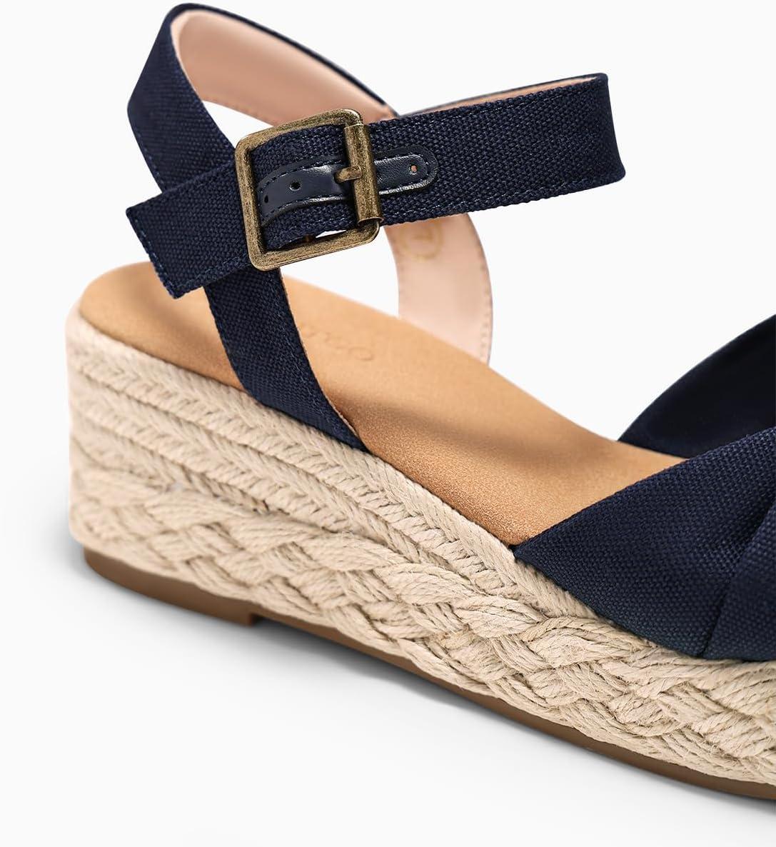 image:imageCoutgo Womens Platform Wedge Heels Sandals Espadrilles Open Toe Ankle Strap Twist Canvas Summer Beach ShoesNavy Blue