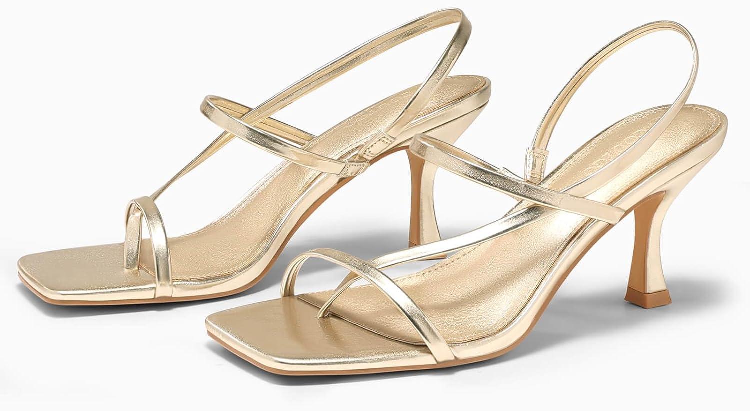 image:imageCoutgo Womens Strappy Kitten Heels Sandals Square Open Toe Flip Flops Slingback Thong Sandals Party Dress ShoesGold