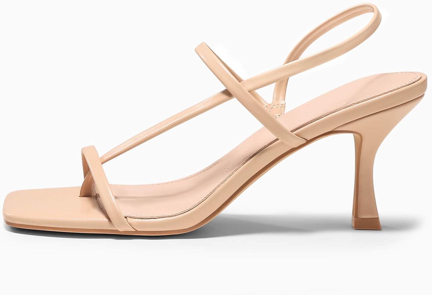 image:imageCoutgo Womens Strappy Kitten Heels Sandals Square Open Toe Flip Flops Slingback Thong Sandals Party Dress ShoesLight Khaki
