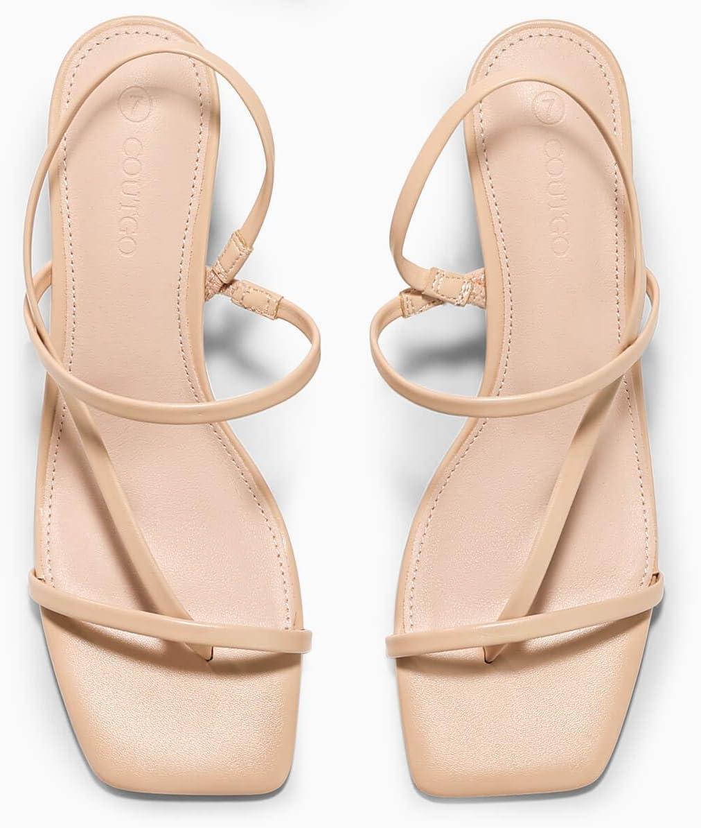 image:imageCoutgo Womens Strappy Kitten Heels Sandals Square Open Toe Flip Flops Slingback Thong Sandals Party Dress ShoesLight Khaki