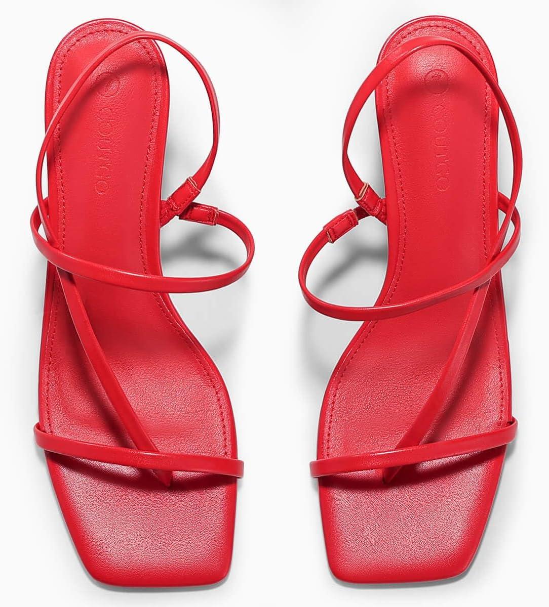 image:imageCoutgo Womens Strappy Kitten Heels Sandals Square Open Toe Flip Flops Slingback Thong Sandals Party Dress ShoesRed
