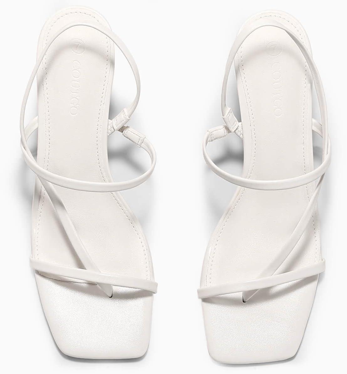 image:imageCoutgo Womens Strappy Kitten Heels Sandals Square Open Toe Flip Flops Slingback Thong Sandals Party Dress ShoesWhite