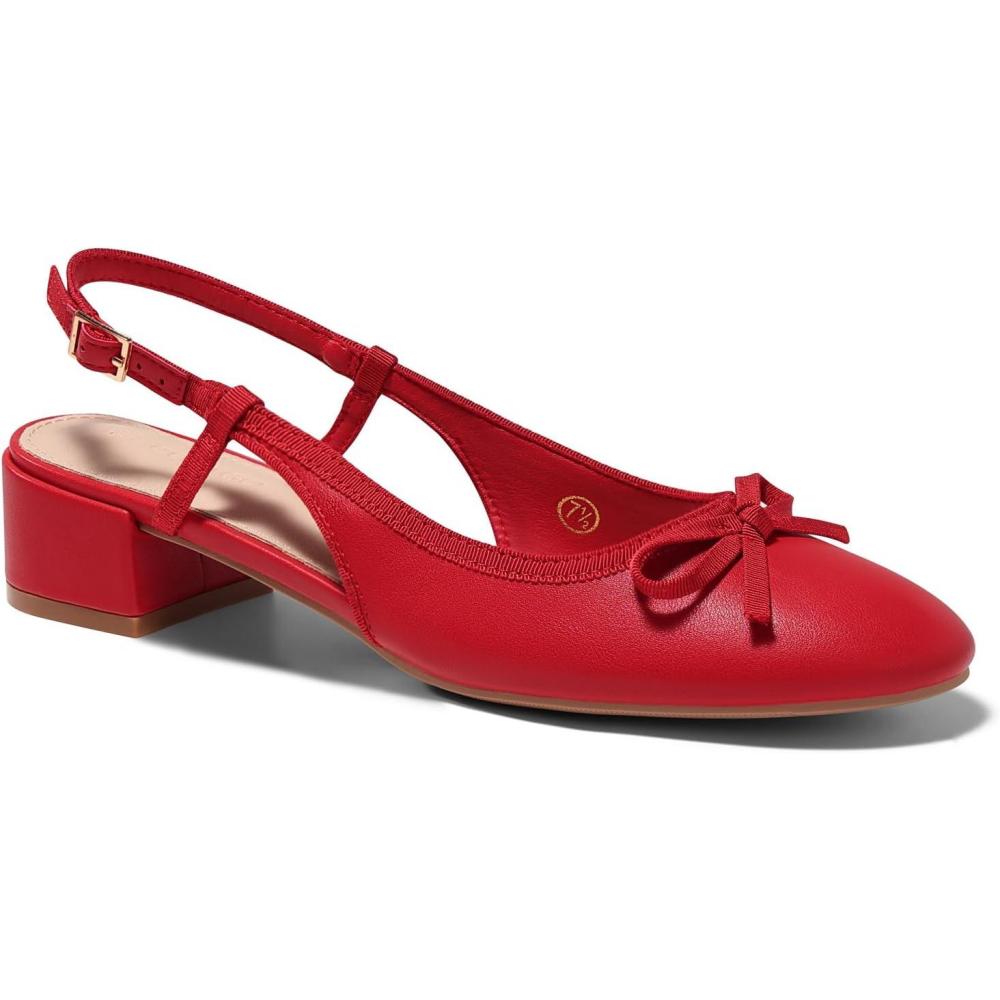 image:imageCoutgo Womens Chunky Low Heels Slingback Ballet Bow Pumps Closed Toe Wedding Dress ShoesRed