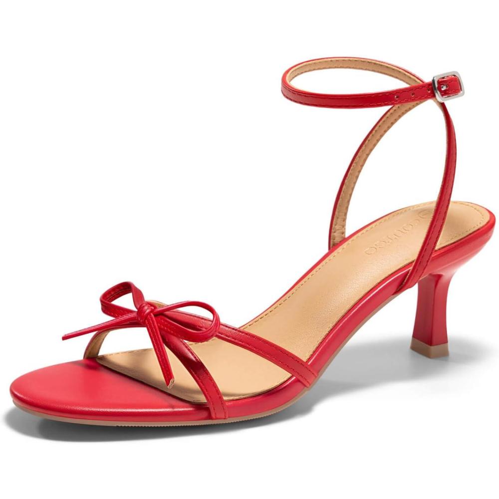 image:imageCoutgo Womens Kitten Low Heels Bow Sandals Open Toe Buckle Ankle Strap Wedding Party Dress ShoesRed