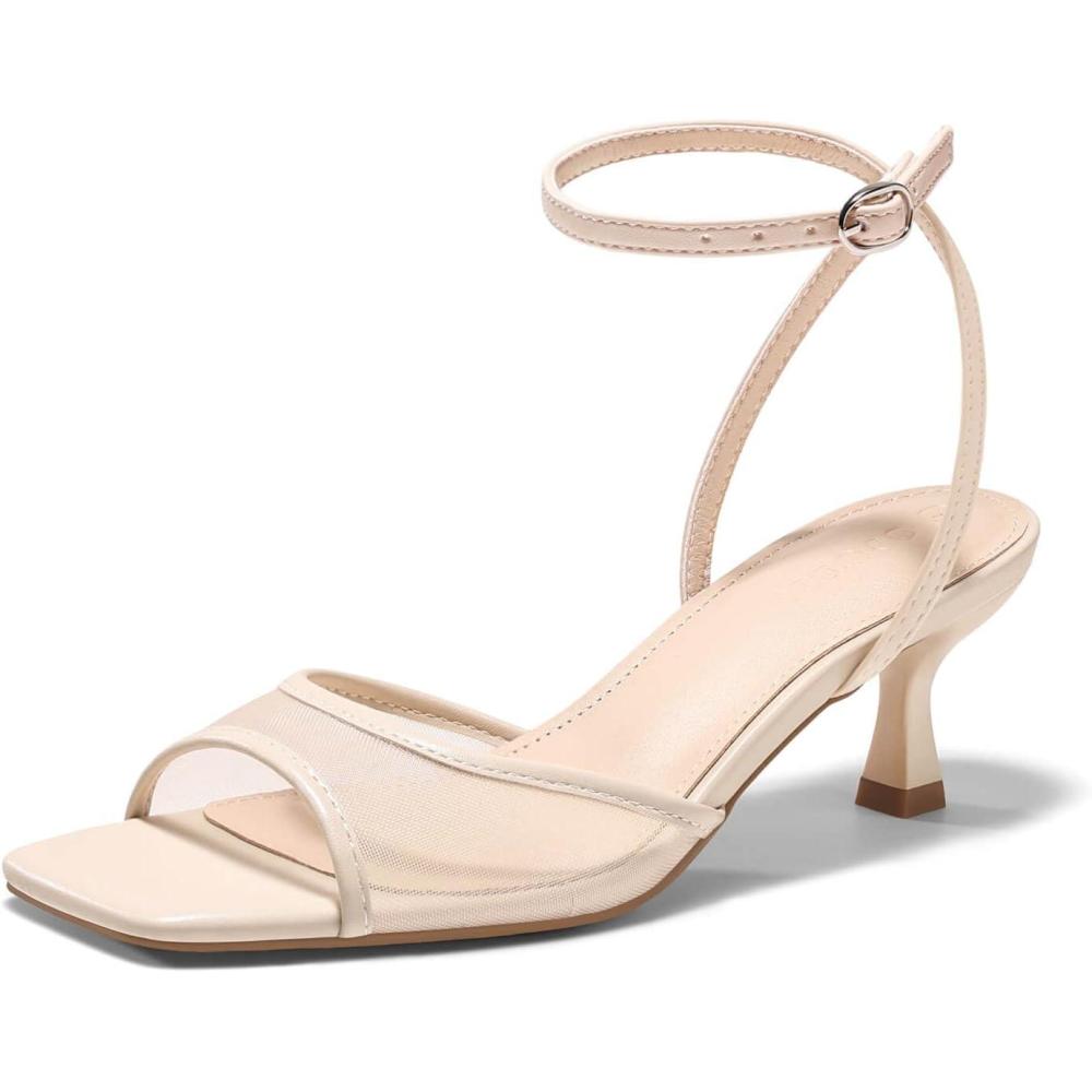 image:imageCoutgo Womens Kitten Low Heels Strappy Sandals Mesh Square Open Toe Buckle Ankle Strap Summer Dress ShoesNude