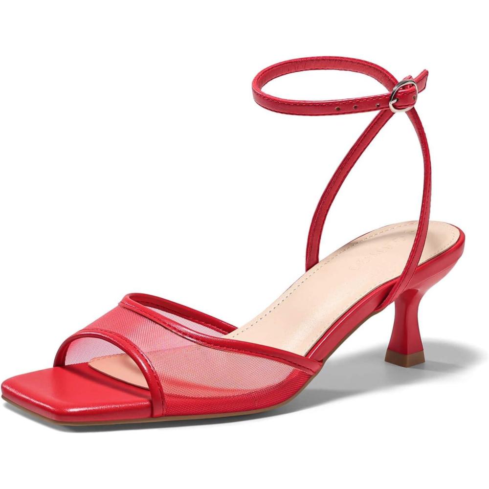image:imageCoutgo Womens Kitten Low Heels Strappy Sandals Mesh Square Open Toe Buckle Ankle Strap Summer Dress ShoesRed