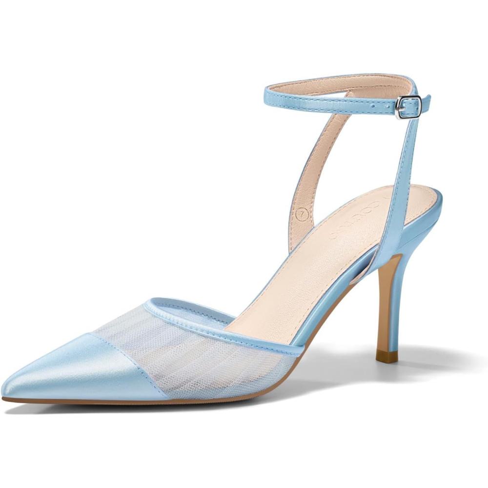 image:imageCoutgo Womens Mesh High Heels Satin Closed Pointed Toe Pumps Patchwork Wedding Dress ShoesBlue