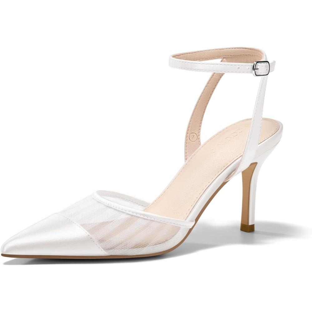 image:imageCoutgo Womens Mesh High Heels Satin Closed Pointed Toe Pumps Patchwork Wedding Dress ShoesWhite