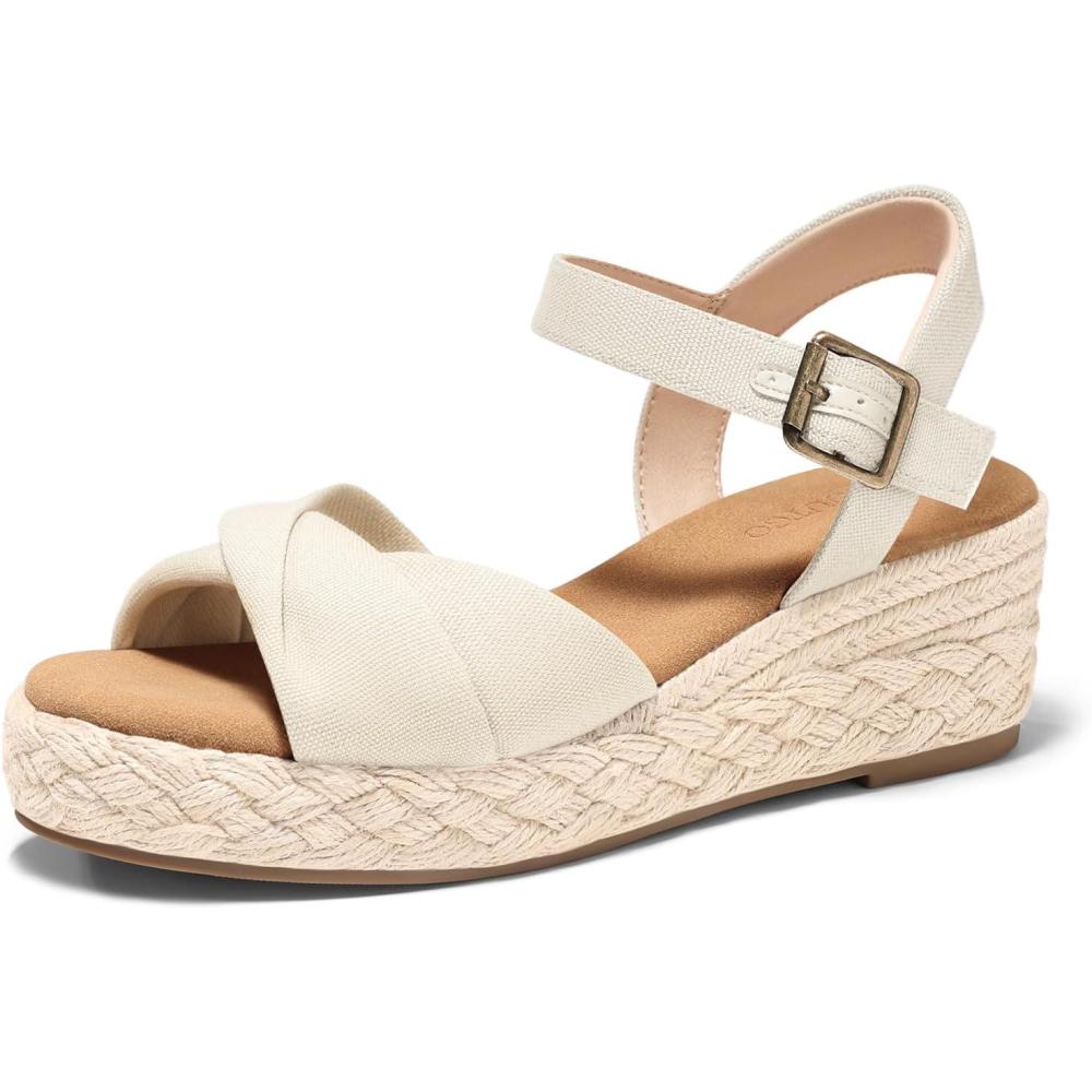 image:imageCoutgo Womens Platform Wedge Heels Sandals Espadrilles Open Toe Ankle Strap Twist Canvas Summer Beach ShoesBeige