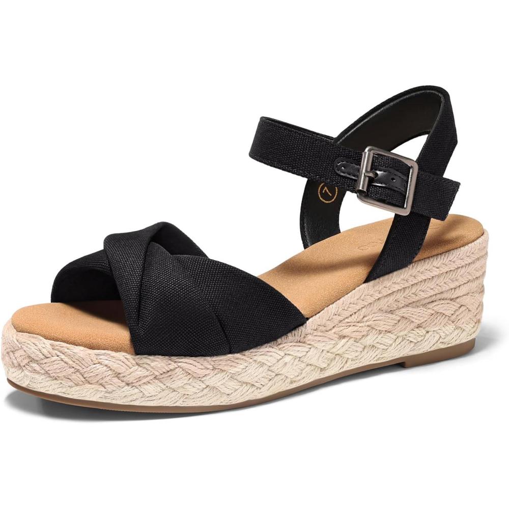 image:imageCoutgo Womens Platform Wedge Heels Sandals Espadrilles Open Toe Ankle Strap Twist Canvas Summer Beach ShoesBlack