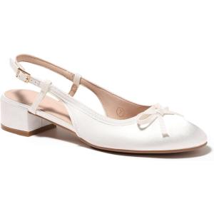 Coutgo Womens Chunky Low Heels Slingback Ballet Bow Pumps Closed Toe Wedding Dress Shoes(White Satin)