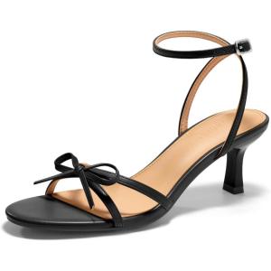 Coutgo Womens Kitten Low Heels Bow Sandals Open Toe Buckle Ankle Strap Wedding Party Dress Shoes(Black)