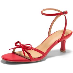 Coutgo Womens Kitten Low Heels Bow Sandals Open Toe Buckle Ankle Strap Wedding Party Dress Shoes(Red)