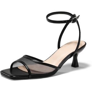 Coutgo Womens Kitten Low Heels Strappy Sandals Mesh Square Open Toe Buckle Ankle Strap Summer Dress Shoes(Black)