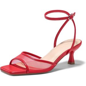Coutgo Womens Kitten Low Heels Strappy Sandals Mesh Square Open Toe Buckle Ankle Strap Summer Dress Shoes(Red)