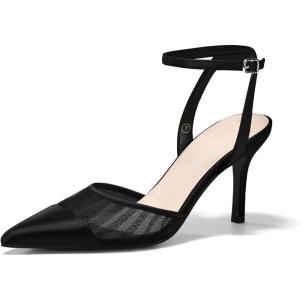 Coutgo Womens Mesh High Heels Satin Closed Pointed Toe Pumps Patchwork Wedding Dress Shoes(Black)
