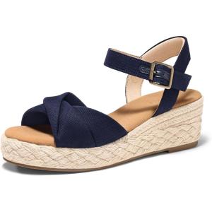 Coutgo Womens Platform Wedge Heels Sandals Espadrilles Open Toe Ankle Strap Twist Canvas Summer Beach Shoes(Navy Blue)
