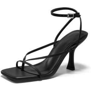 Coutgo Womens Strappy Kitten Heels Sandals Square Open Toe Flip Flops Summer Dress Shoes(Black)