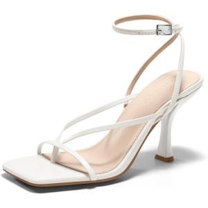 Coutgo Womens Strappy Kitten Heels Sandals Square Open Toe Flip Flops Summer Dress Shoes(White)