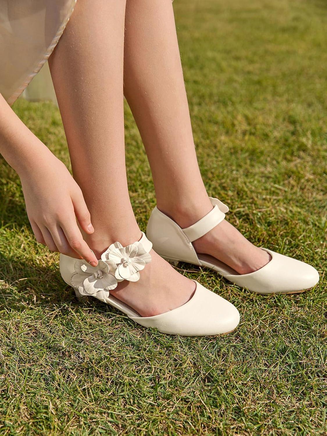 image:imageCoutgo Girls Dress Shoes Closed Toe Low Chunky Heels Flower Slip On Party Princess Pumps for Toddler Little Big KidsBeige
