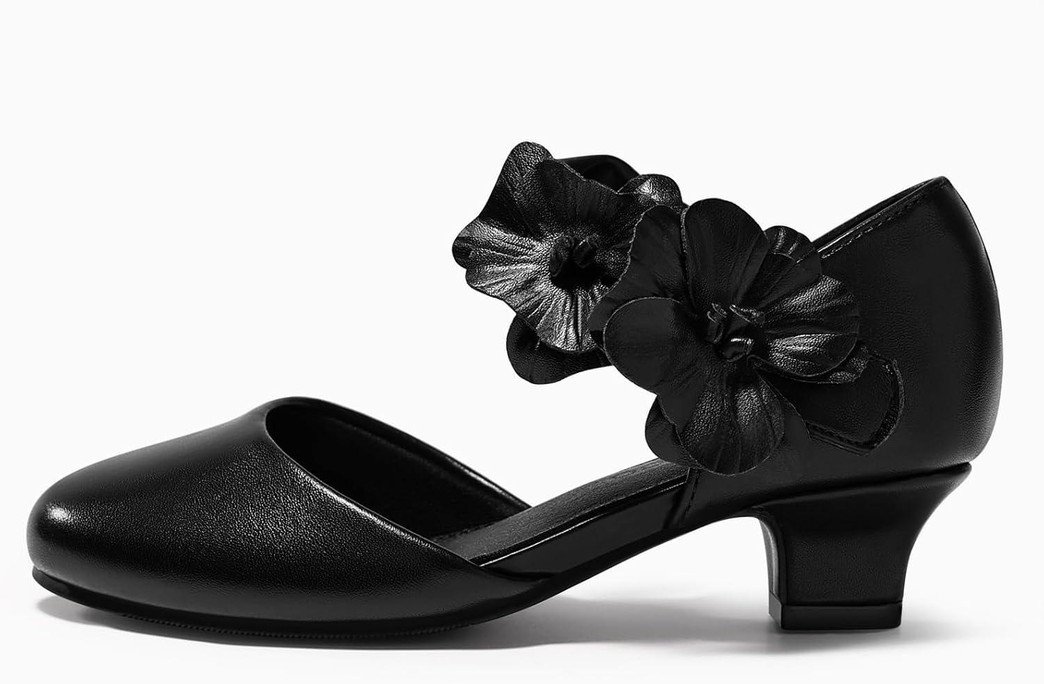 image:imageCoutgo Girls Dress Shoes Closed Toe Low Chunky Heels Flower Slip On Party Princess Pumps for Toddler Little Big KidsBlack