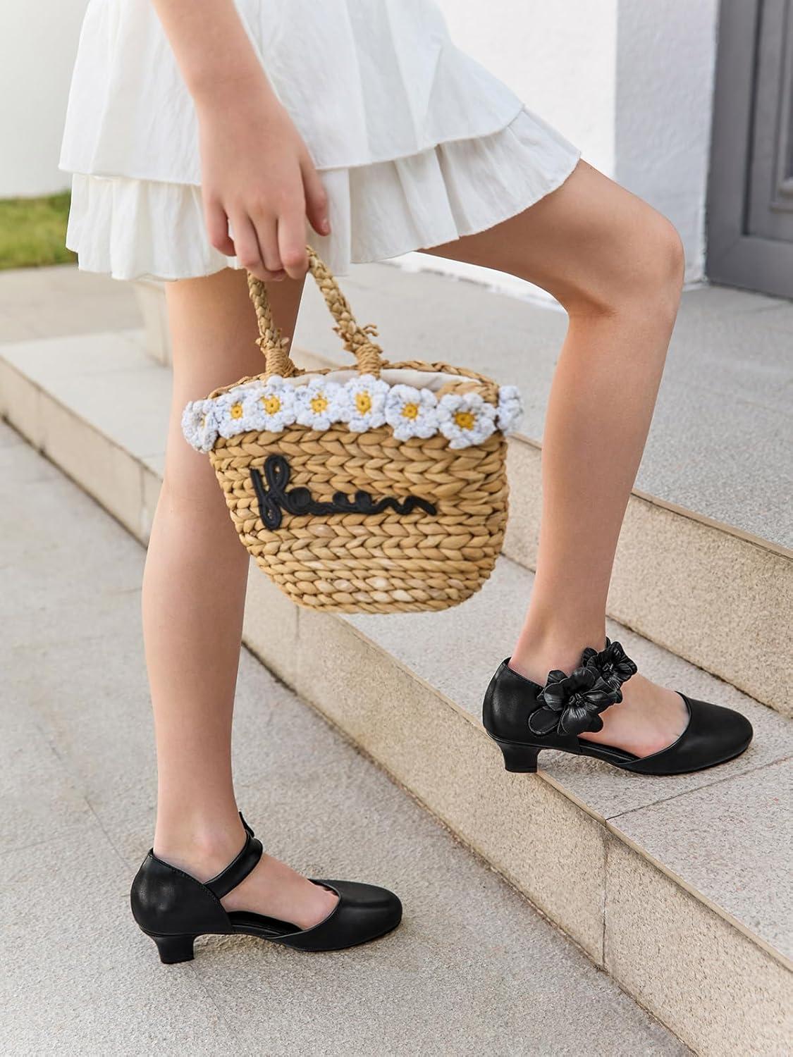 image:imageCoutgo Girls Dress Shoes Closed Toe Low Chunky Heels Flower Slip On Party Princess Pumps for Toddler Little Big KidsBlack