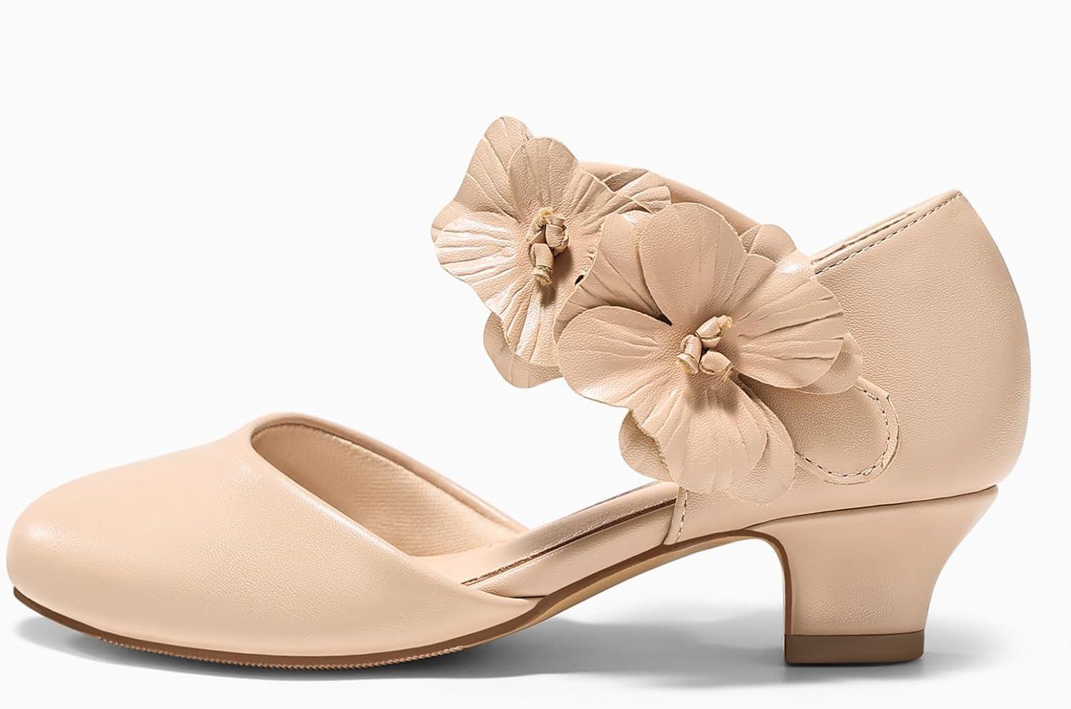 image:imageCoutgo Girls Dress Shoes Closed Toe Low Chunky Heels Flower Slip On Party Princess Pumps for Toddler Little Big KidsLight Khaki