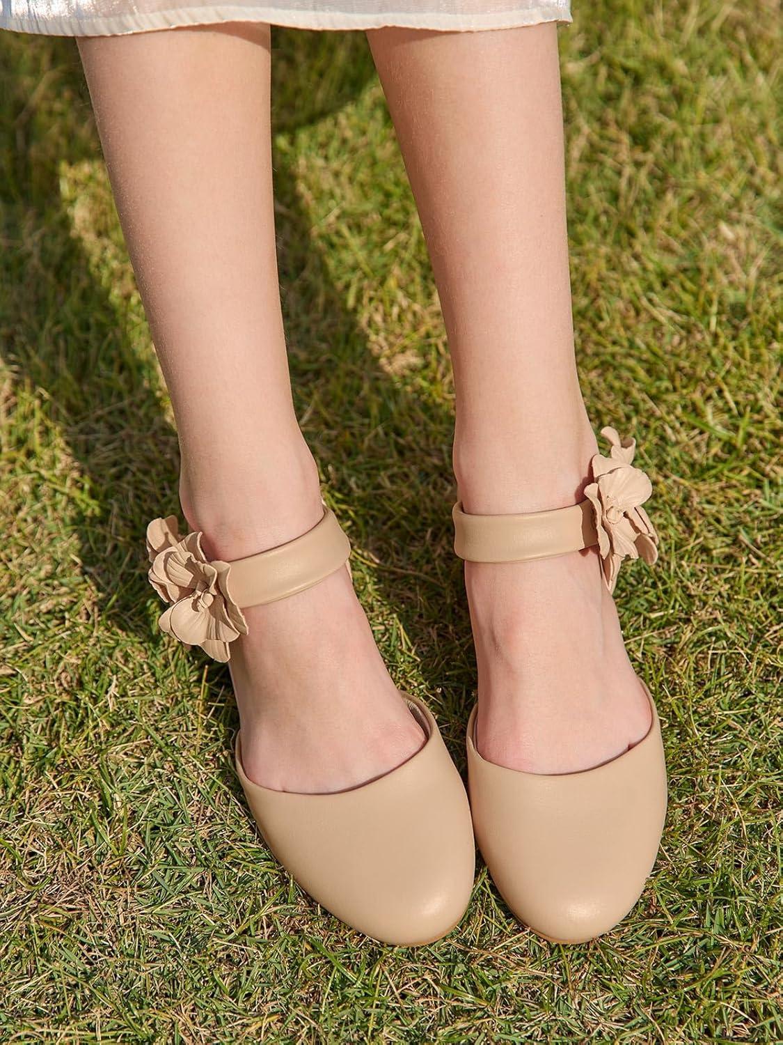 image:imageCoutgo Girls Dress Shoes Closed Toe Low Chunky Heels Flower Slip On Party Princess Pumps for Toddler Little Big KidsLight Khaki