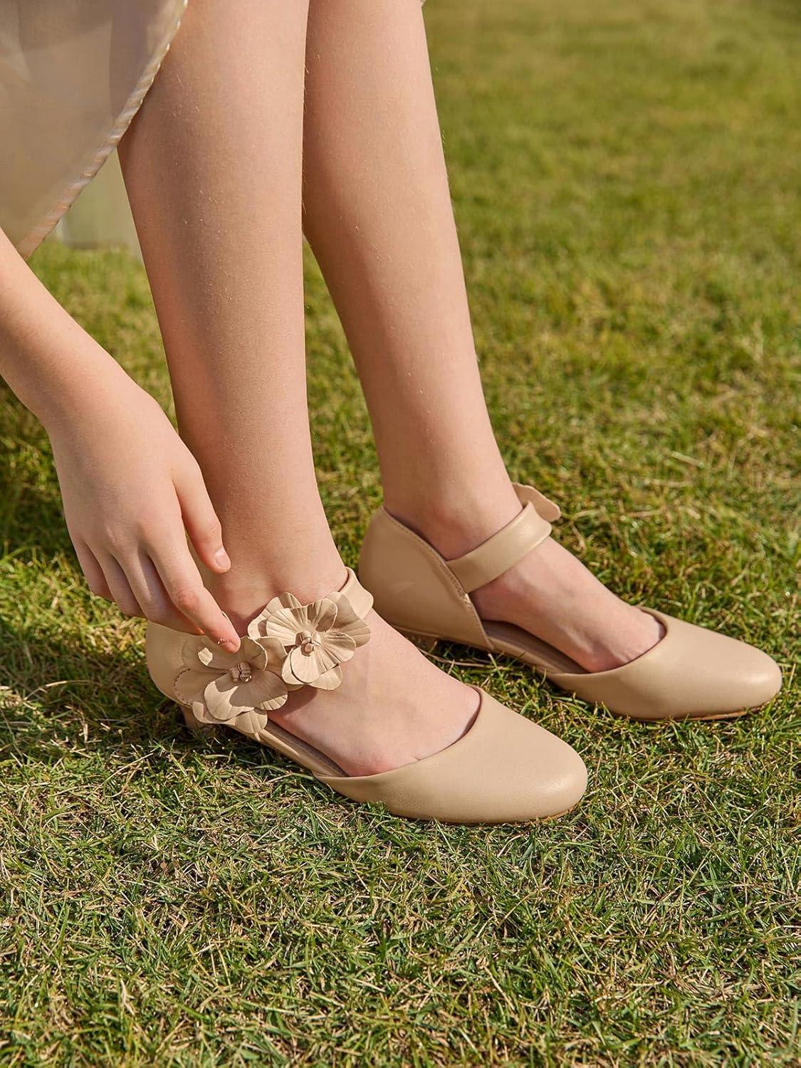 image:imageCoutgo Girls Dress Shoes Closed Toe Low Chunky Heels Flower Slip On Party Princess Pumps for Toddler Little Big KidsLight Khaki