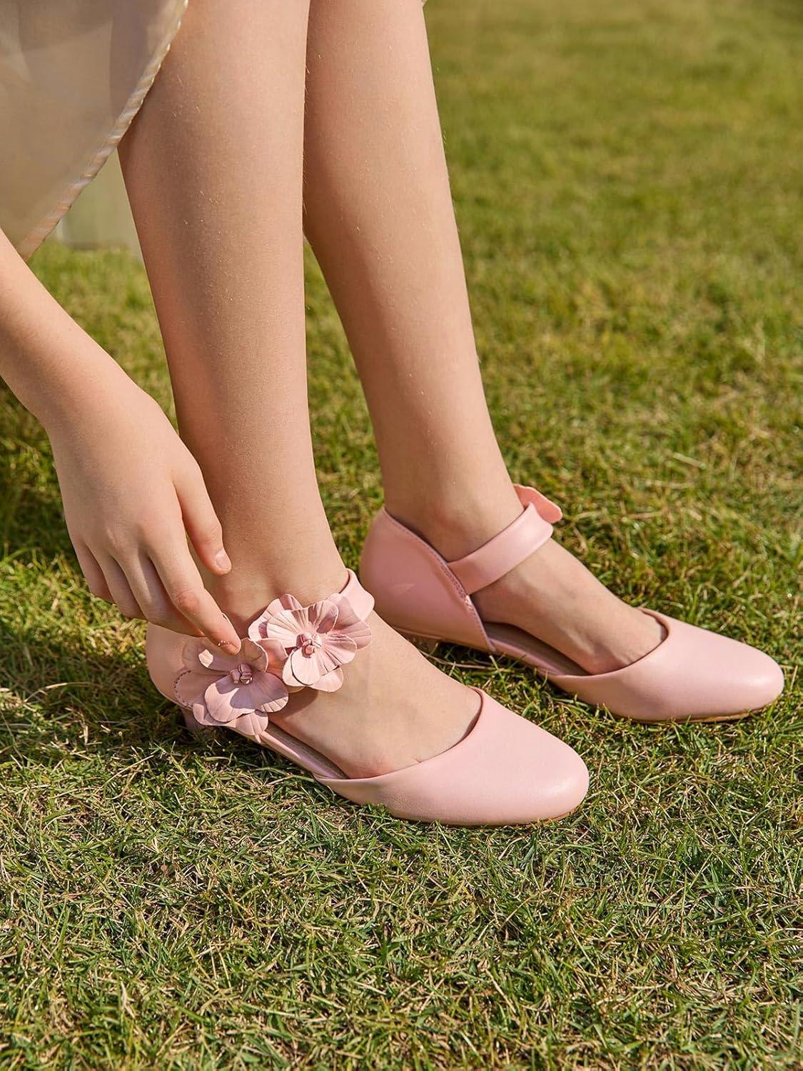 image:imageCoutgo Girls Dress Shoes Closed Toe Low Chunky Heels Flower Slip On Party Princess Pumps for Toddler Little Big KidsPink