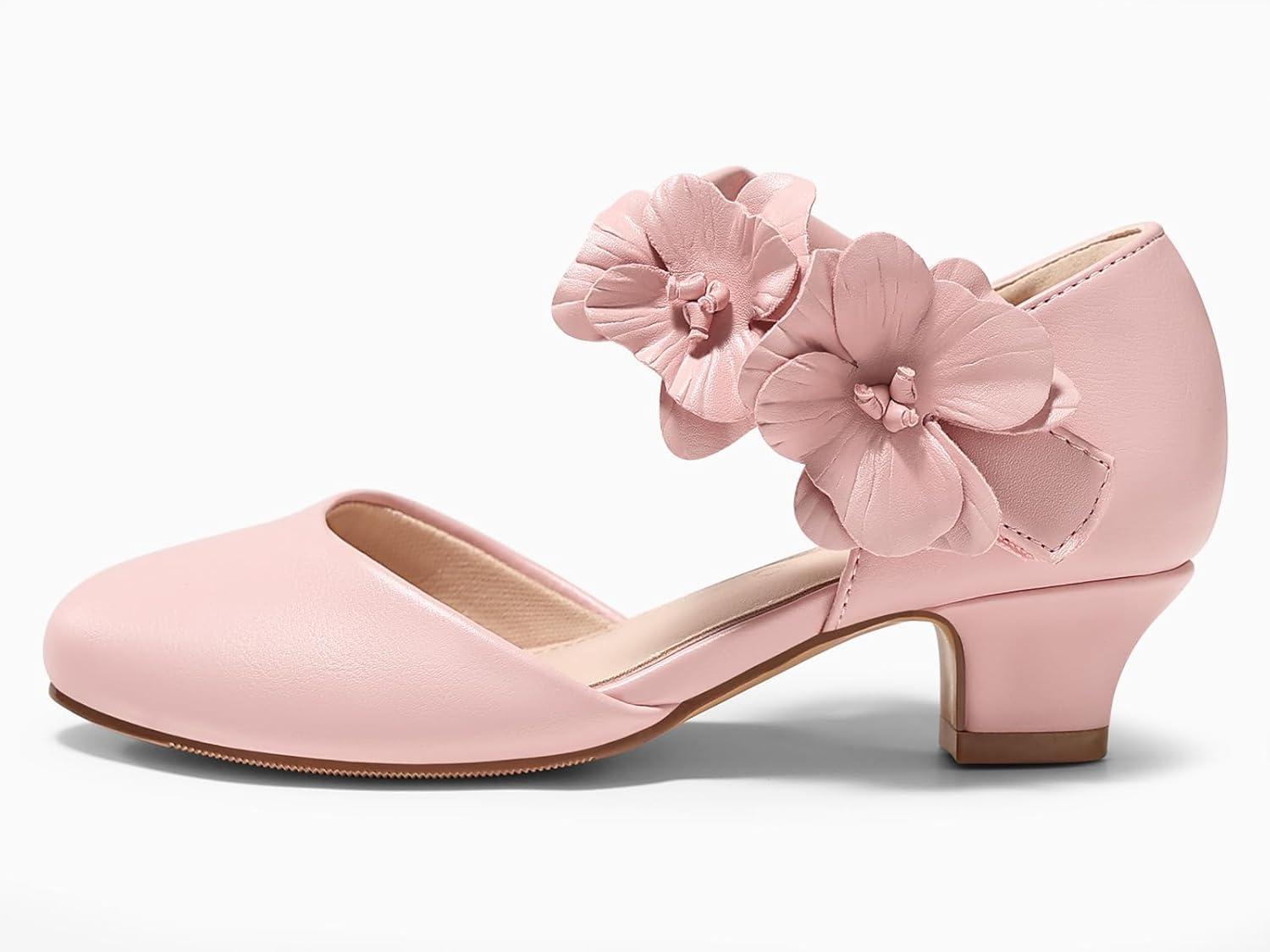 image:imageCoutgo Girls Dress Shoes Closed Toe Low Chunky Heels Flower Slip On Party Princess Pumps for Toddler Little Big KidsPink