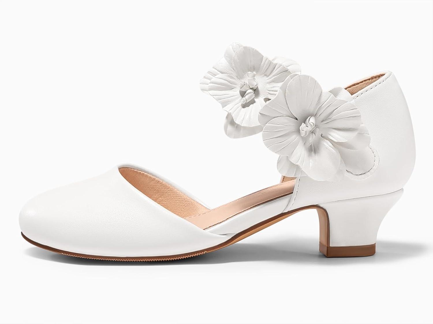 image:imageCoutgo Girls Dress Shoes Closed Toe Low Chunky Heels Flower Slip On Party Princess Pumps for Toddler Little Big KidsWhite