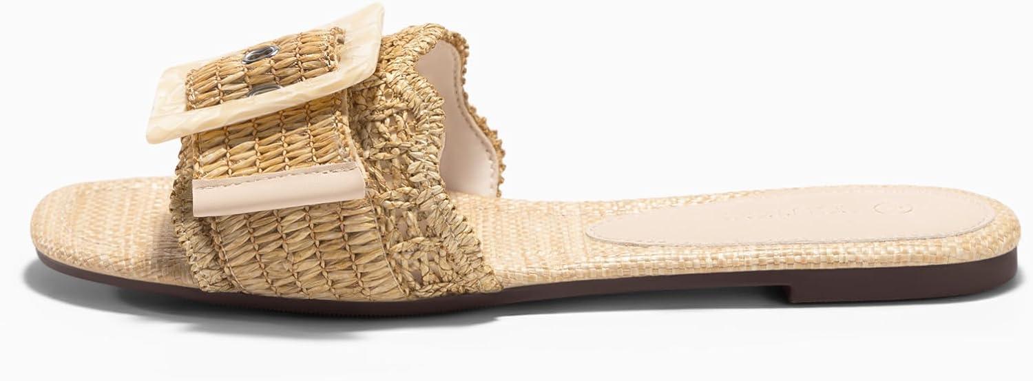 image:imageCoutgo Womens Flat Sandals Raffia Slip On Slide Sandal Square Open Toe Buckle Summer Beach Shoes FlatsApricot