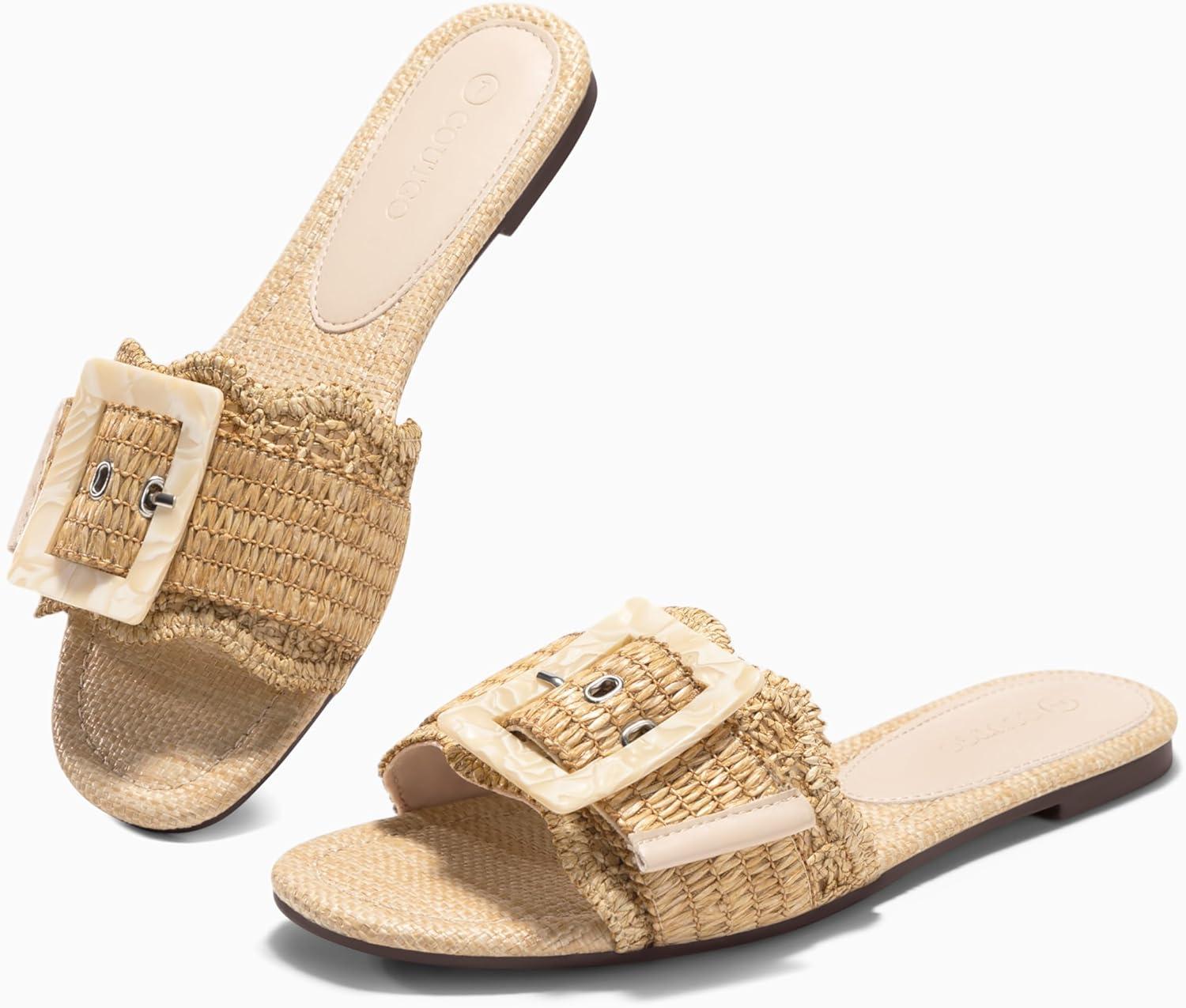 image:imageCoutgo Womens Flat Sandals Raffia Slip On Slide Sandal Square Open Toe Buckle Summer Beach Shoes FlatsApricot