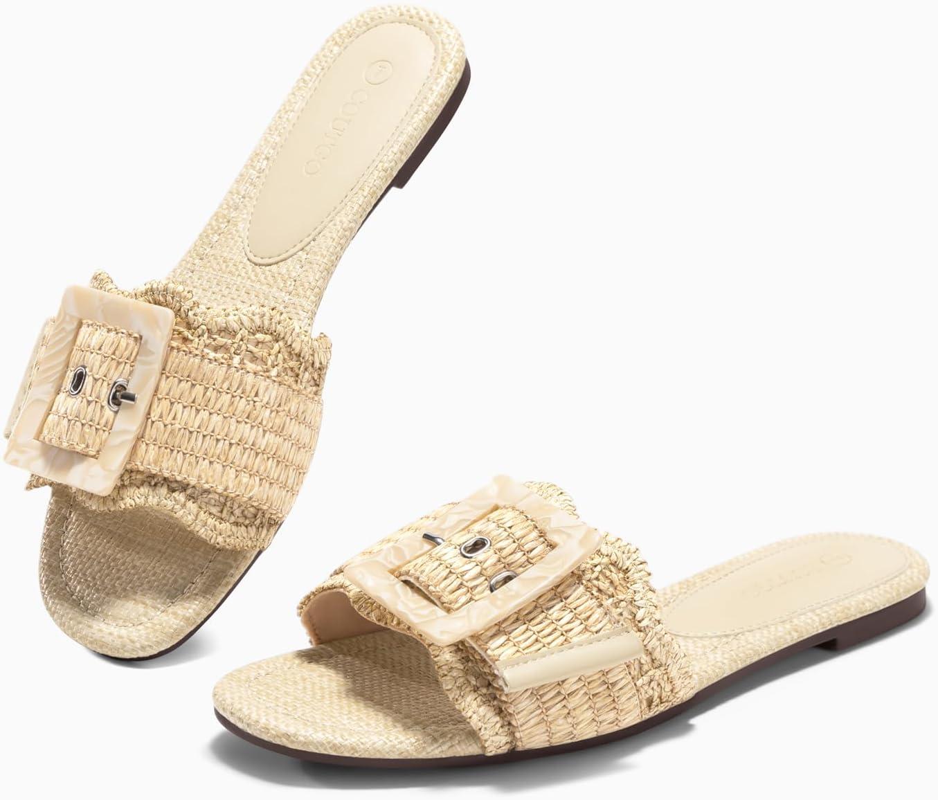 image:imageCoutgo Womens Flat Sandals Raffia Slip On Slide Sandal Square Open Toe Buckle Summer Beach Shoes FlatsBeige
