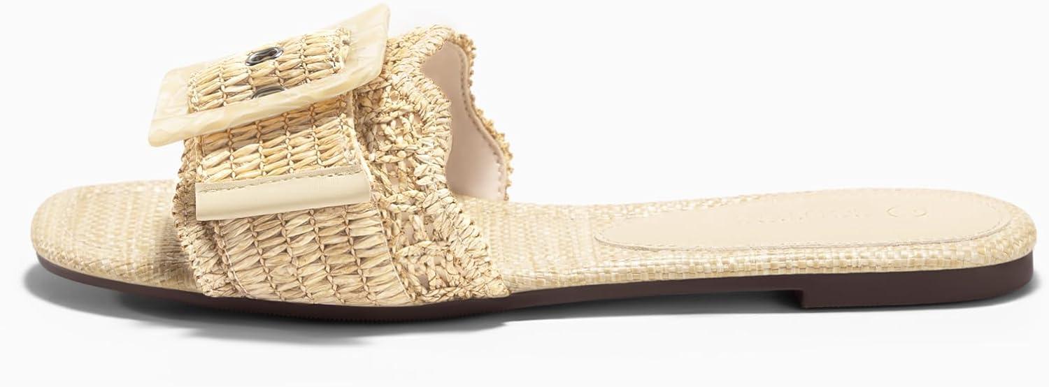 image:imageCoutgo Womens Flat Sandals Raffia Slip On Slide Sandal Square Open Toe Buckle Summer Beach Shoes FlatsBeige